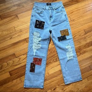 Cider patchwork ripped straight leg jeans